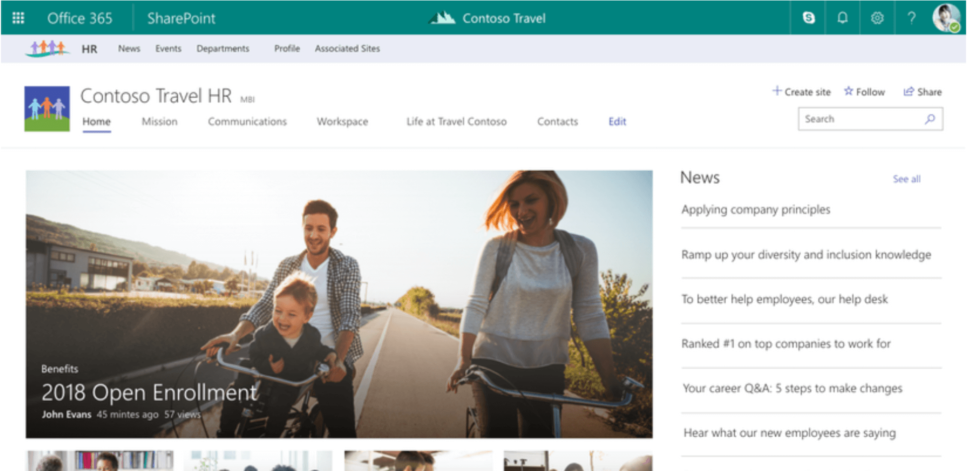 Office 365 SharePoint HR Contoso Travel HR tti 2018 Open Enrollmén€ tOSO Travel News Ramp up our Ranked •l cornpanies to for S Steps to what are 