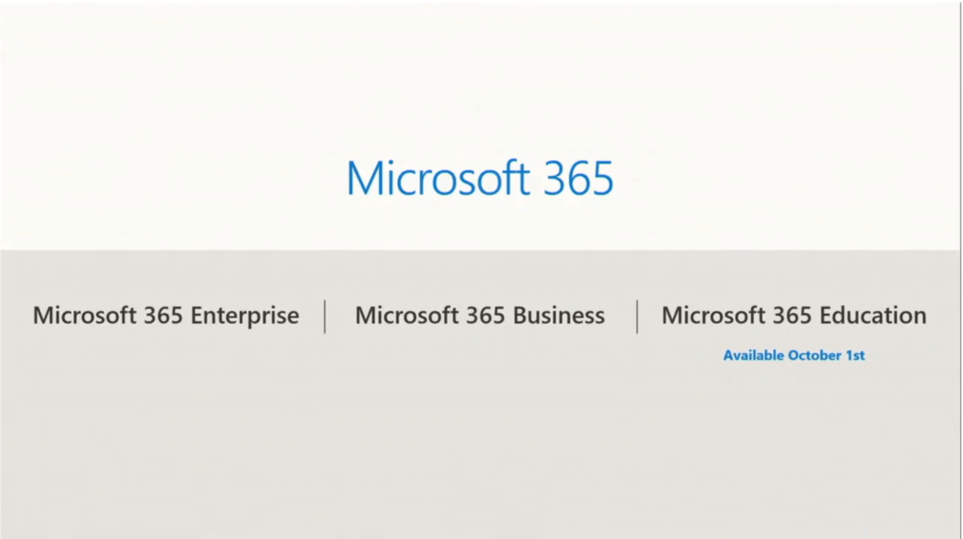 Texte de remplacement généré par une machine : Microsoft 365 Enterprise Microsoft 365 Microsoft 365 Business Microsoft 365 Education Available October Ist 