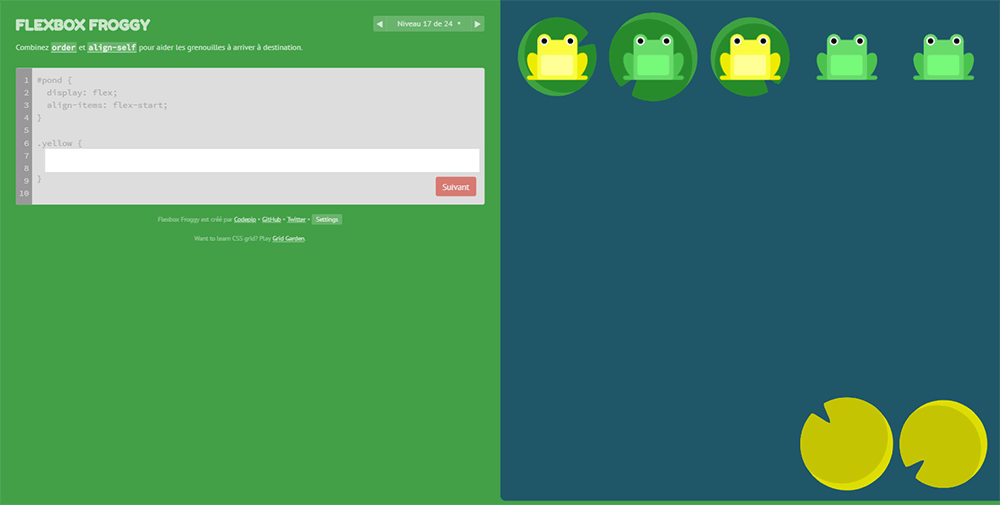Flexbox Froggy - a game where you help Froggy and friends by writing CSS code !