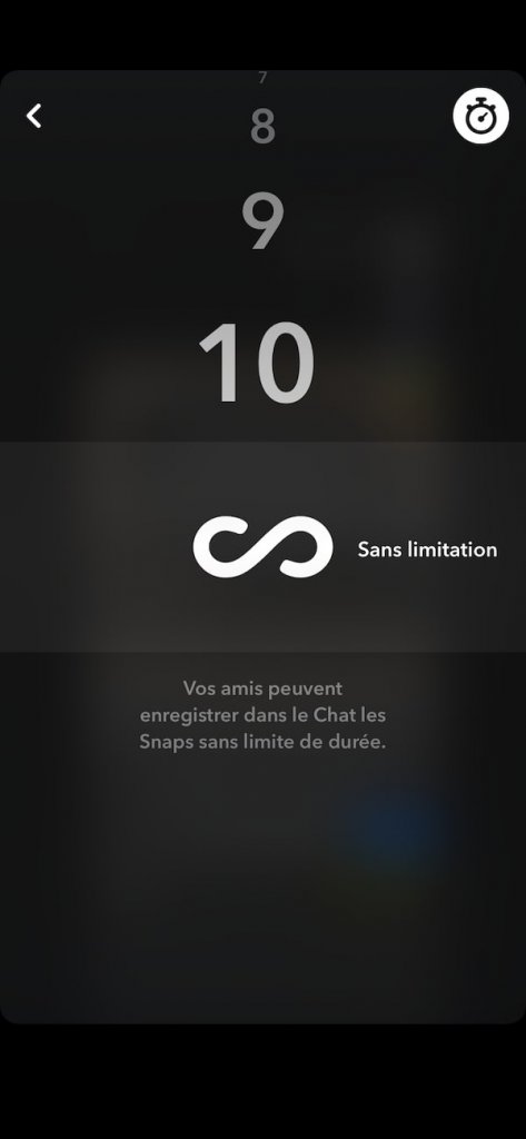 Capture d'écran du choix de la durée sans limitation d'un snap sur Snapchat. 