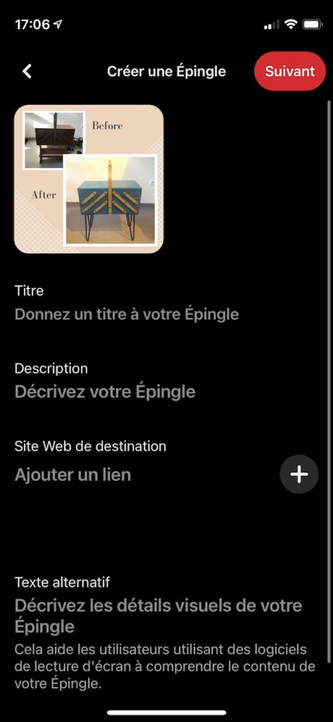 Capture d'écran mobile de la création d'une épingle sur Pinterest avec visibilité du champs texte alternatif.